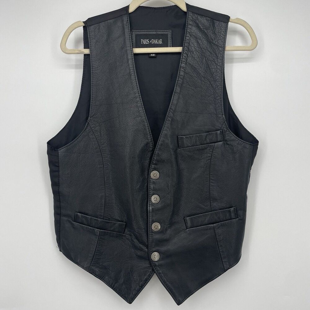 Paris Dakar‎ Size 48 Genuine Leather Moto Vest Black Classic Perfect Fit